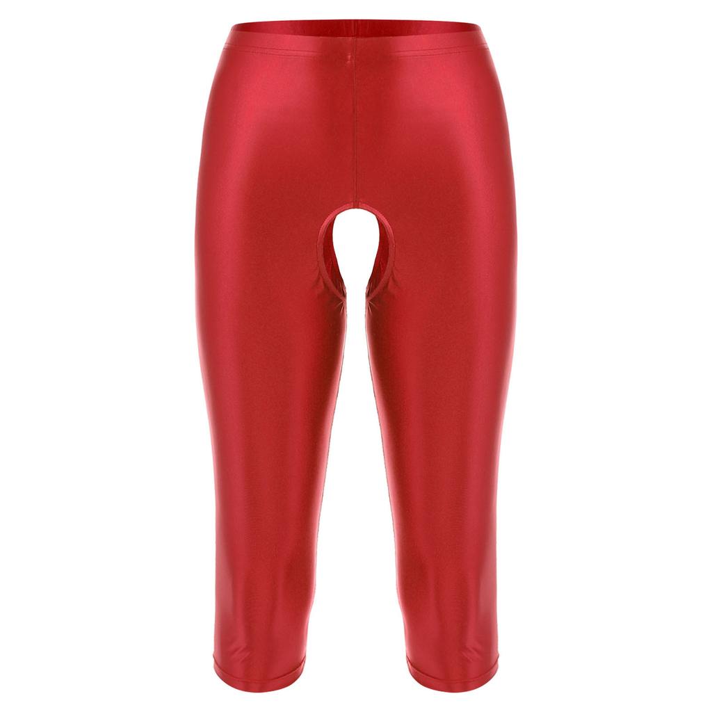 Mens Glossy Open Crotch Shorts Stretchy Elastic Waistband Slim-Fit Leggings Smooth Fabric for Gym Club Outfits