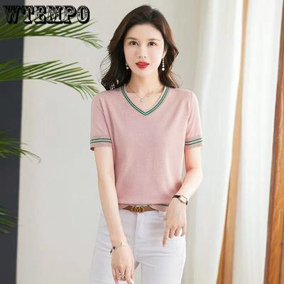 Summer Women's Ice Silk Top V-neck Knitted T-shirt Women's Korean Version Fashionable Knitted Top