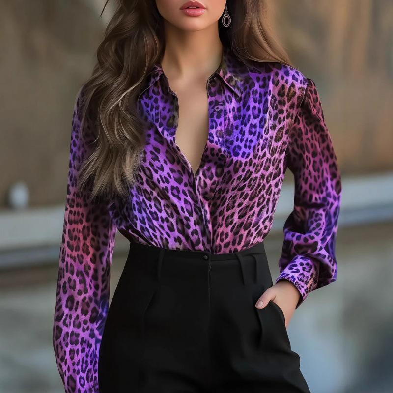 2025 Spring Leopard Print Satin Casual Loose Button-Up Shirt for Women