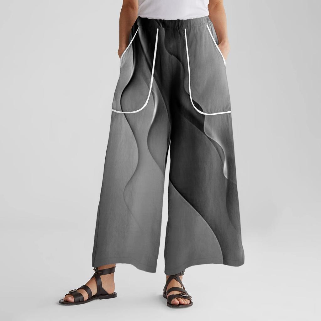 Women's Wide Leg Pants With Elastic Waistband, Retro Printed Large Pockets, Patchwork Loose Pants