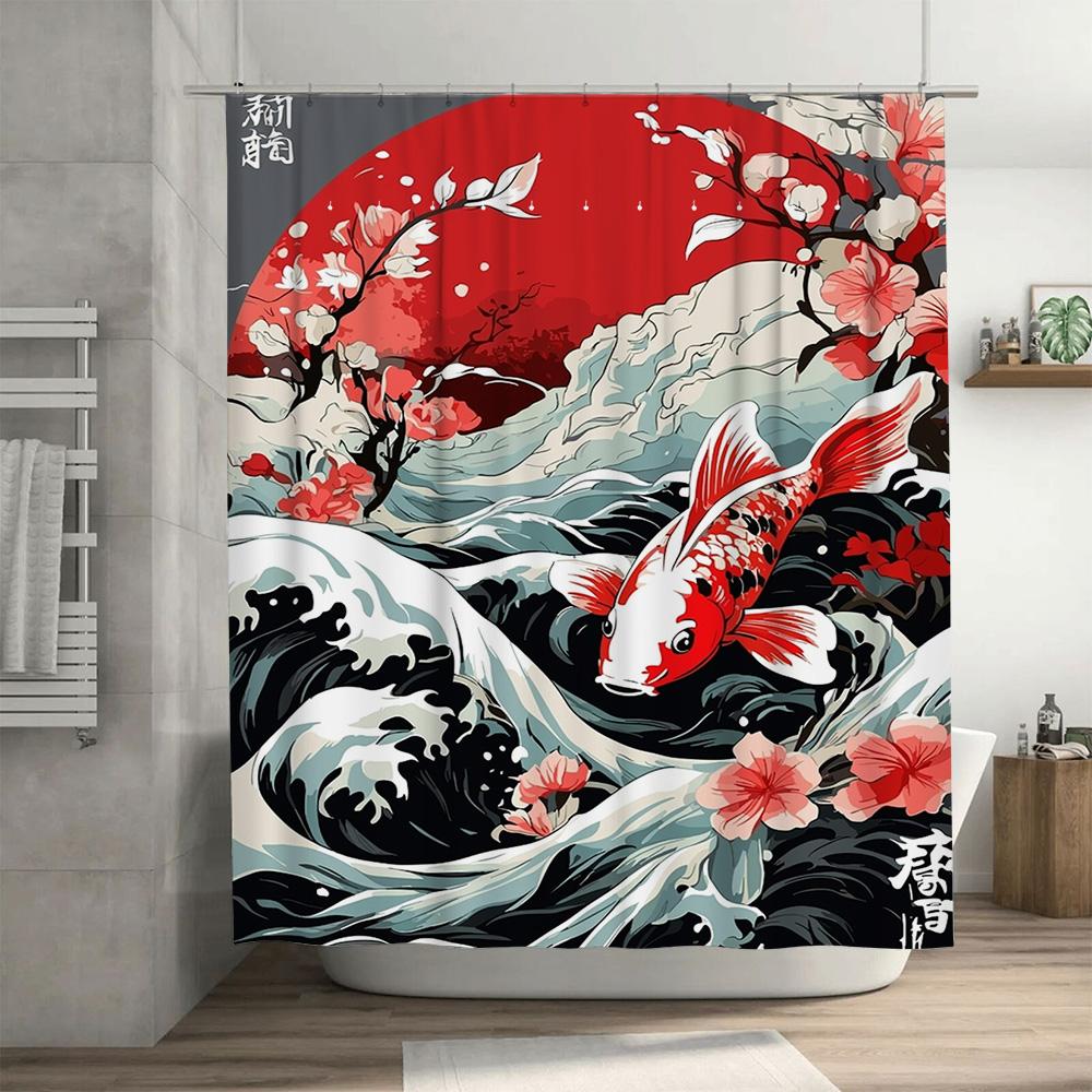 Japanese Red Fish Bath Curtainfloral Print Waterproof Shower Room Decor, Modern Style Home Decoration Wall Hanging Bathroom Cove