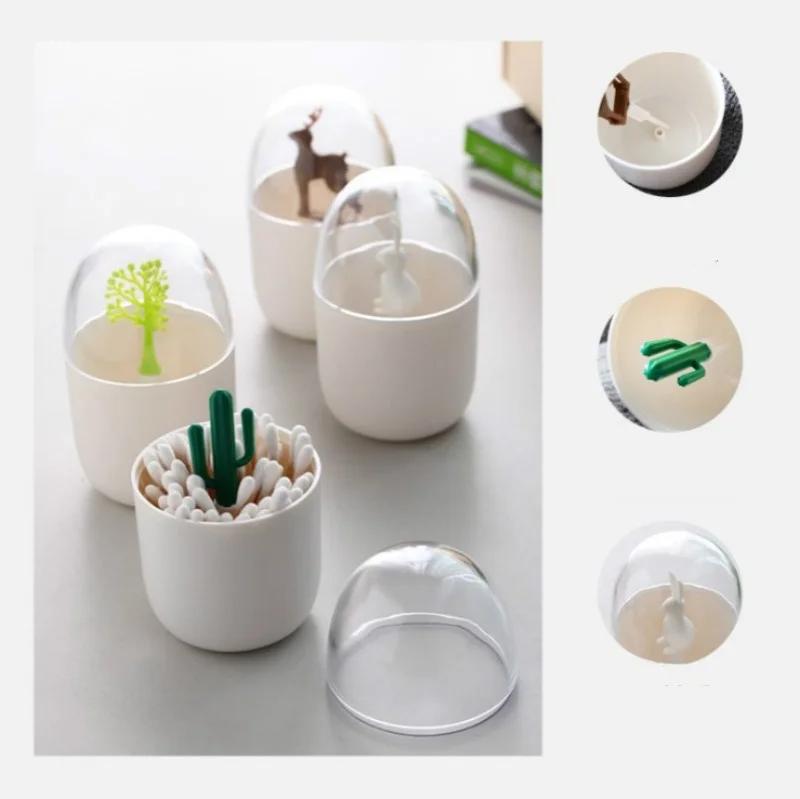 Creative Toothpick Holder Plastic Cotton Swab Holder with Cute Mini Rabbit Cactus Trees Cute Beautiful and Simple