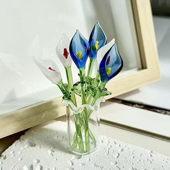 Calla de Vidro Artesanal com Haste Flor de Vidro Mini Sopro de Boca Decoração Sala de Estar Casa Escritório Ornamento Floral Colorido