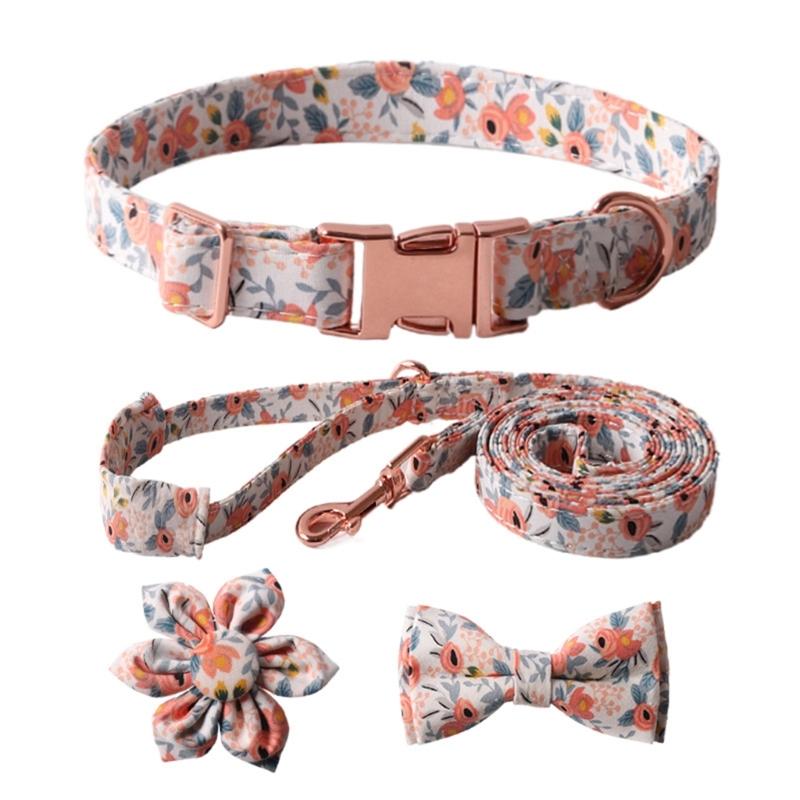 Fashion Dog Collar+Leash+Necktie Set Completes with Colorful Floral Print Bow Perfect for Pets Outstanding in the Crowd