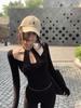 Women's Black Patchwork Two-Piece Halter Long-Sleeve T-Shirt, Autumn Chic Style, Slimming Waist-Cinched Design.