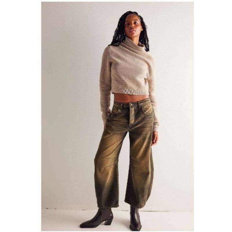 Wide Leg Loose Jeans,Women's Mid-Low Waist Washed Jeans