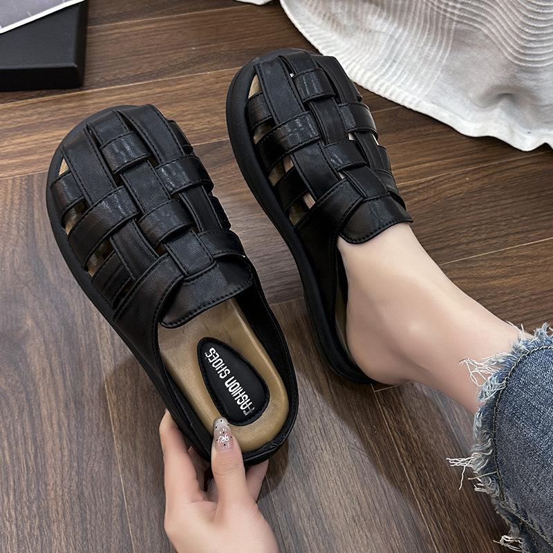 Baotou soft-soled half-slippers women's 2025 spring new retro woven hollow-soled thick-soled one-pedal lazy cool slippers