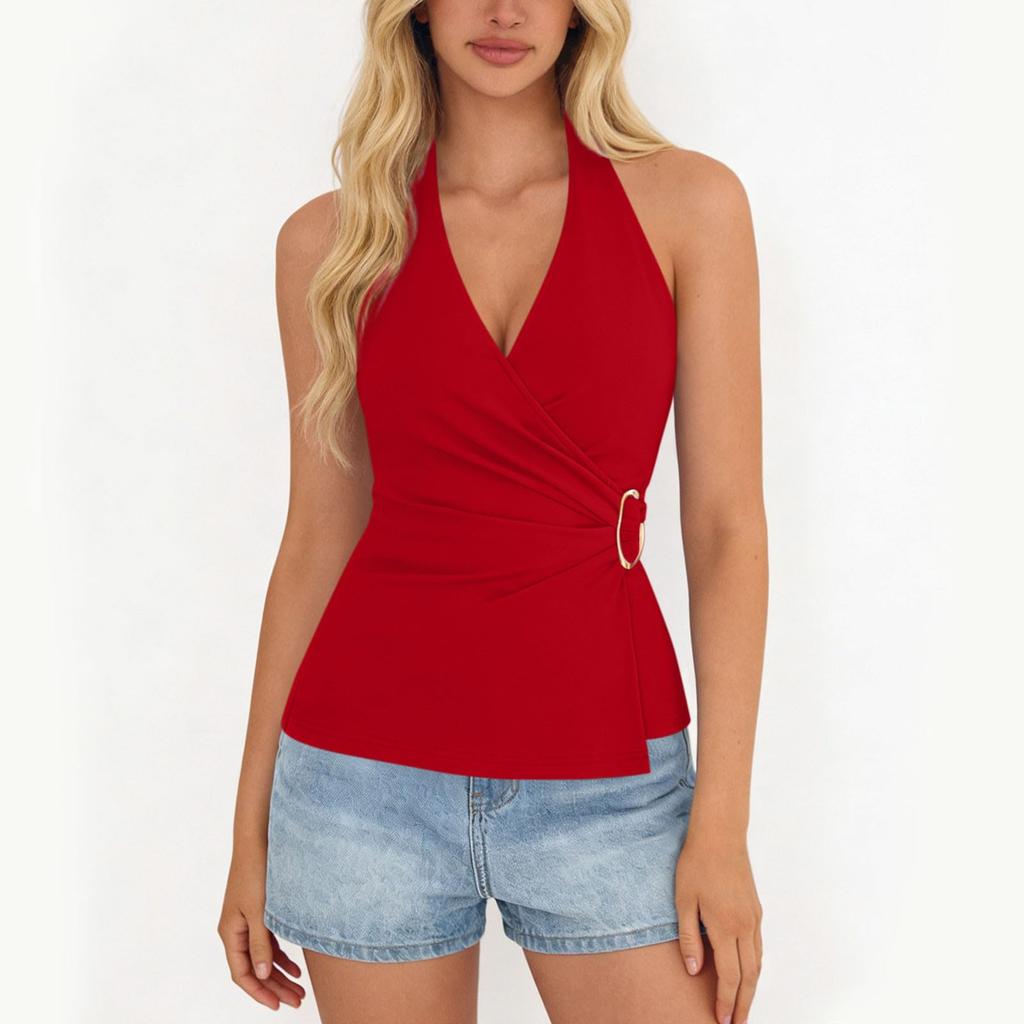 Women's Fashionable Plain Sleeveless V-neck Sexy Cross-Back  Top