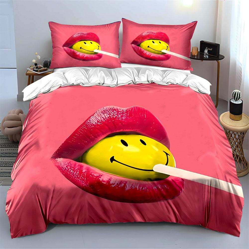 Smiley Lollipop Lips Art Bedding Duvet Cover Set Duvet Cover Pillowcases (1*Duvet Cover 2*Pillowcases, without duvet insert)