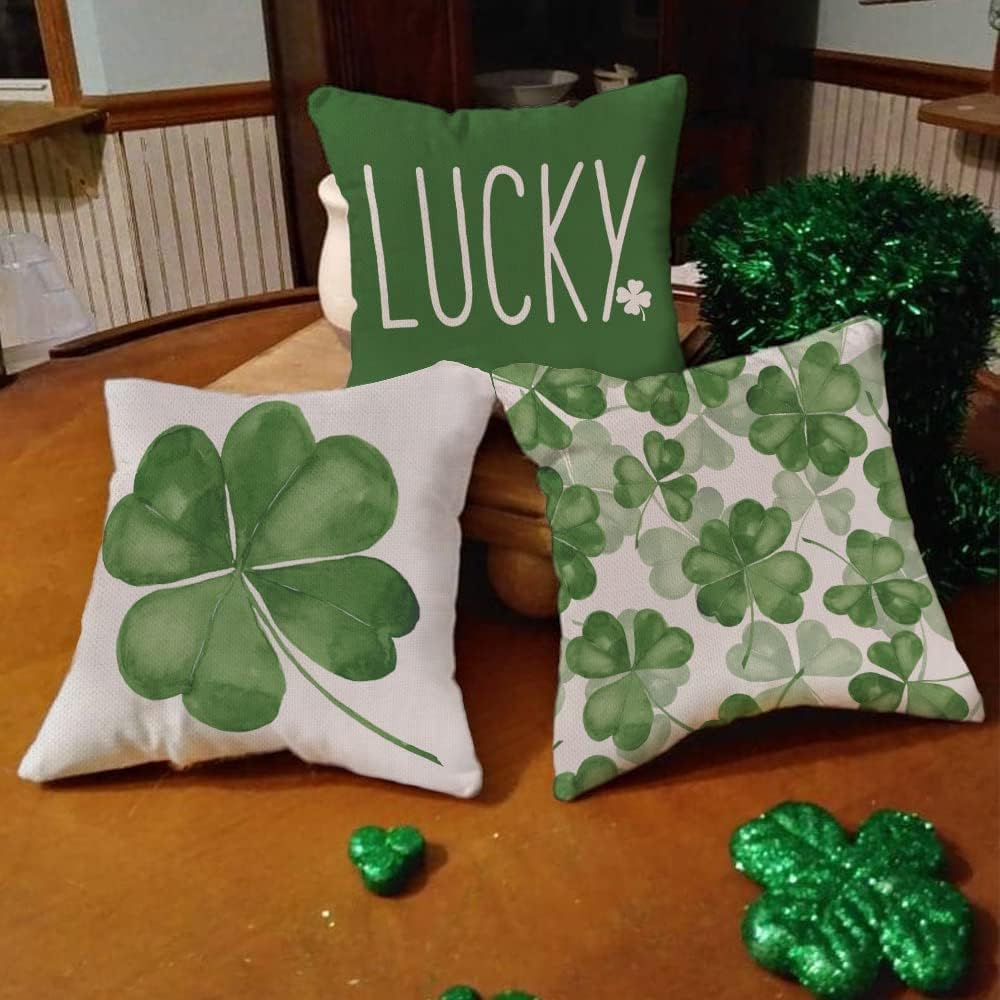 GEEORY St Patricks Day Pillow Covers 18x18 Set of 4 St Patricks Day Decorations for Home Shamrock Lucky St Patricks Day Decorative Throw Pillows