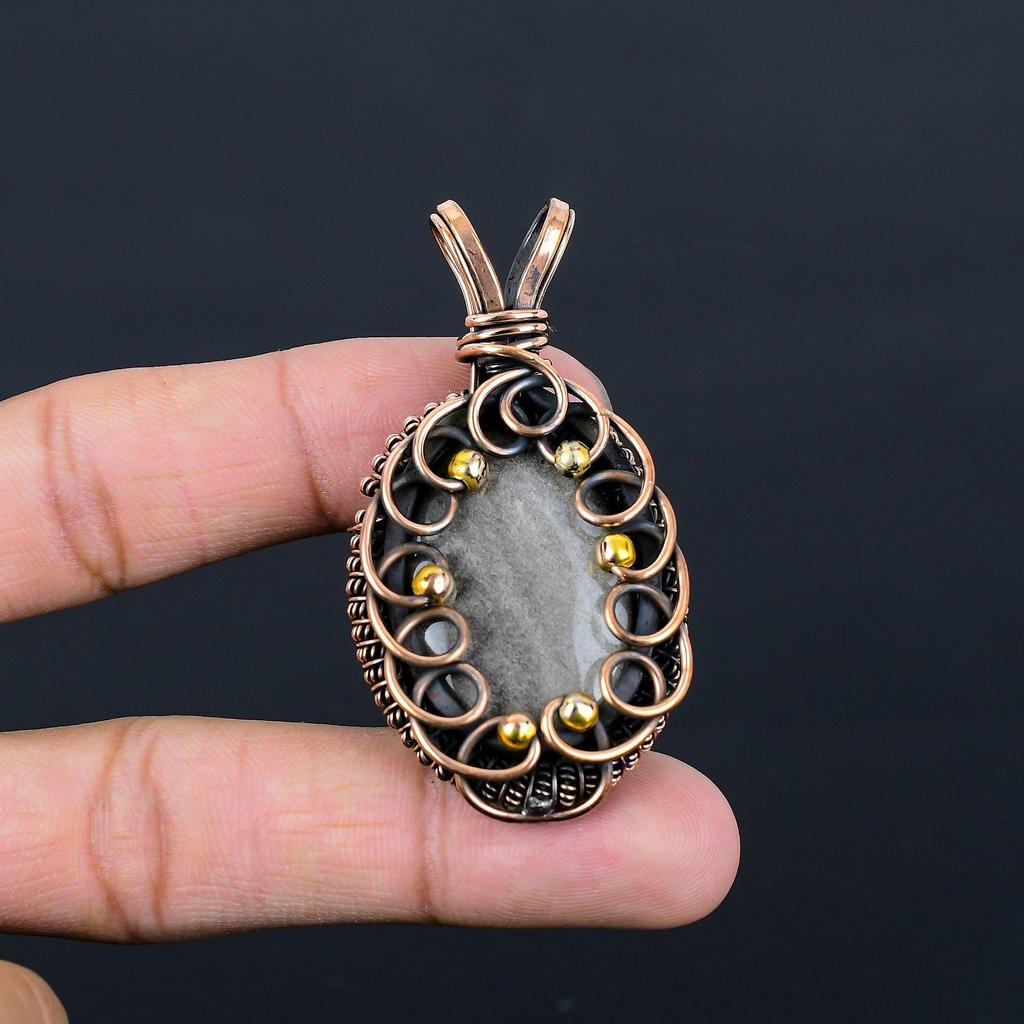 Silver Sheen Obsidian Gemstone Pure Copper Wire Wrapped Handmade Jewelry Pendant For Her