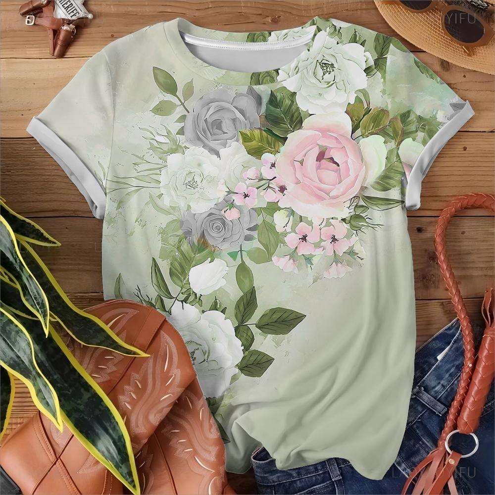 

Летняя Элегантная и Свежая Женская Футболка с Принтом Зеленых и Фиолетовых Цветов Женский Повседневный Универсальный Топ с Коротким Рукавом S