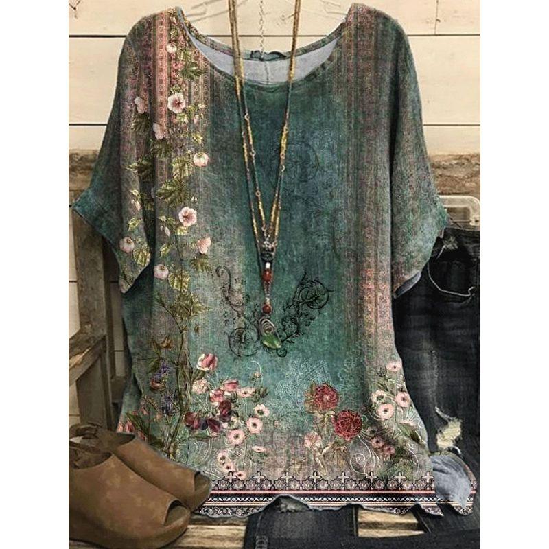 Printed round Neck Neck Casual Loose Top Print round Neck Top Women