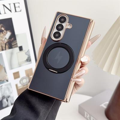 Plating Hinge Protection Magnetic Phone Case for Samsung Galaxy Z Fold 7 6 5 4 Rotating Holder for Magsafe Wireless Charge Cover