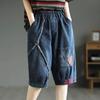 Summer Art Retro Middle Pants Women's Splicing Patch Cloth Six Points Jeans Female Elastic Waist Casual Short Denim Pants