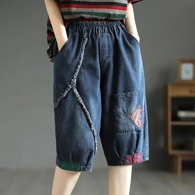 Summer Art Retro Middle Pants Women's Splicing Patch Cloth Six Points Jeans Female Elastic Waist Casual Short Denim Pants