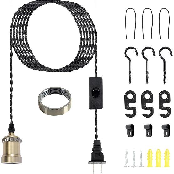 Plug in Pendant Light Cord hanging light kit with dimmer switch,Farmhouse Hanging Lights19.69 ft power cord length,Hemp Rope Plug in black Hanging