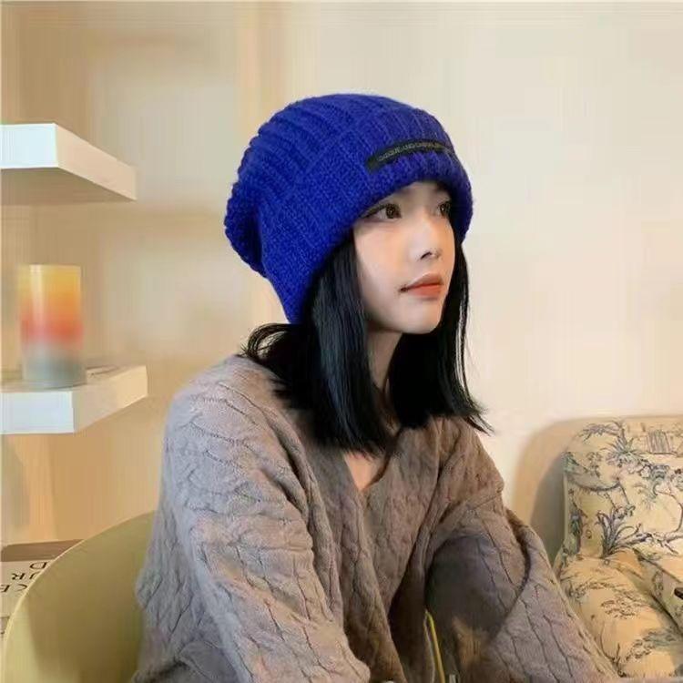Hat Women's autumn and winter knitted hat Korean version of versatile big head circumference wool hat Men's warm pile hat Cold hat shows small face