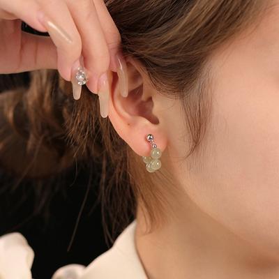 Four Hetian Jade Ear Clips Without Ear Holes, Retro Chinese Style Elegant Lady U-Shaped Hetian Jasper Round Bead Ear Bone Clips