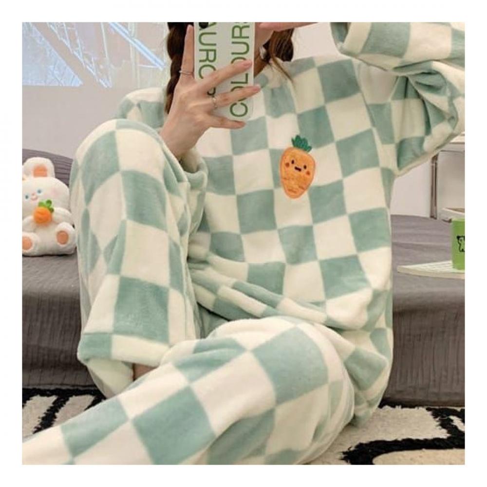 Navava Nt1246 Fruit Embroidery Check Fleece Pajama Set