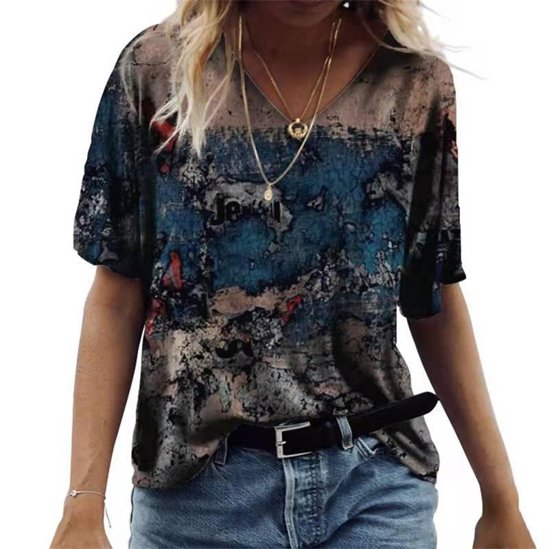 Damski T-shirt z krótkim rękawem i dekoltem V Luźny T-shirt Miejski Casual Nadruk 3D Damska Podstawa