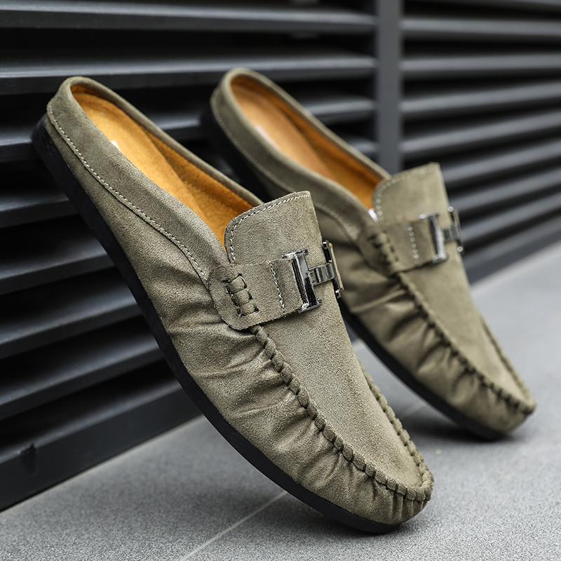 2025 New Men's Slippers Leather Summer Flat Bottom Outdoor Non Slip Comfortable Luxury Trendy Set Wearing Half Slippers 39-44