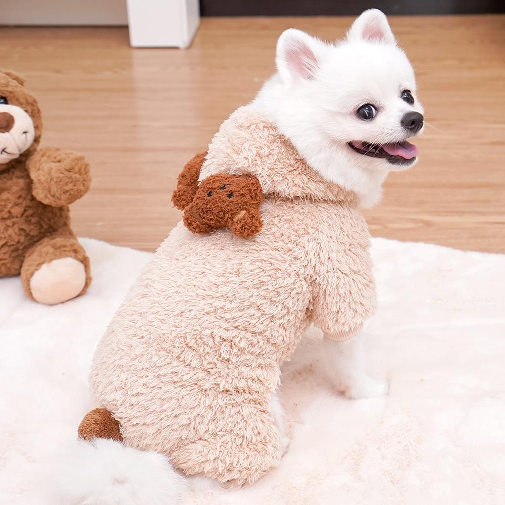 Herbst Winter Bärenohren 4-beiniger Haustier-Onesie für kleine Hunde - Flauschige warme Welpen Kapuzenbekleidung (Niedlicher Teddy-Stil)