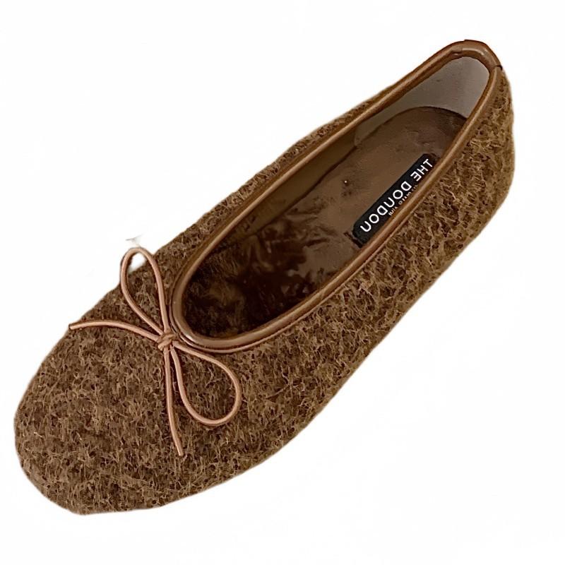 Flat bottom square head bow woolen single shoes women's 2025 autumn and winter new cotton shoes plush grandma shoes Korean version of woolen shoes