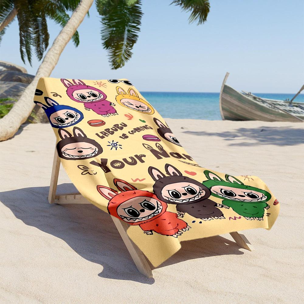 Labubu Customizable Name Beach Towel Super Soft Microfiber Quickdry Fabric Ideal for Travel Outdoor Swim Pool Yoga Surf Camping Hiking Gym Gift Holida