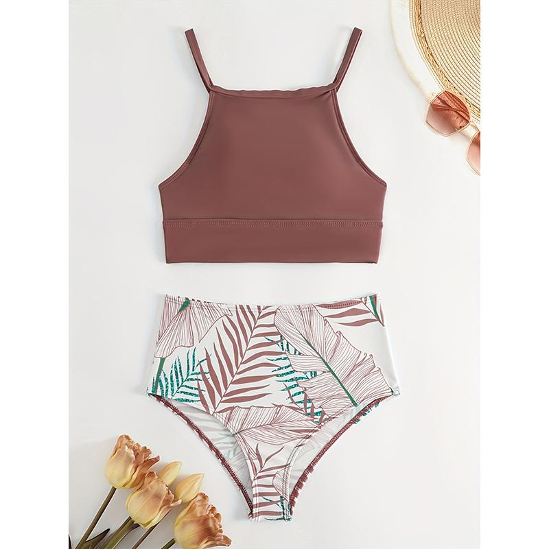 

Сексуальное бикини женское с высоким воротом купальник женский из двух частей купальный костюм женский с высокой талией комплект бикини пляжная одежда для купальника M коричневый