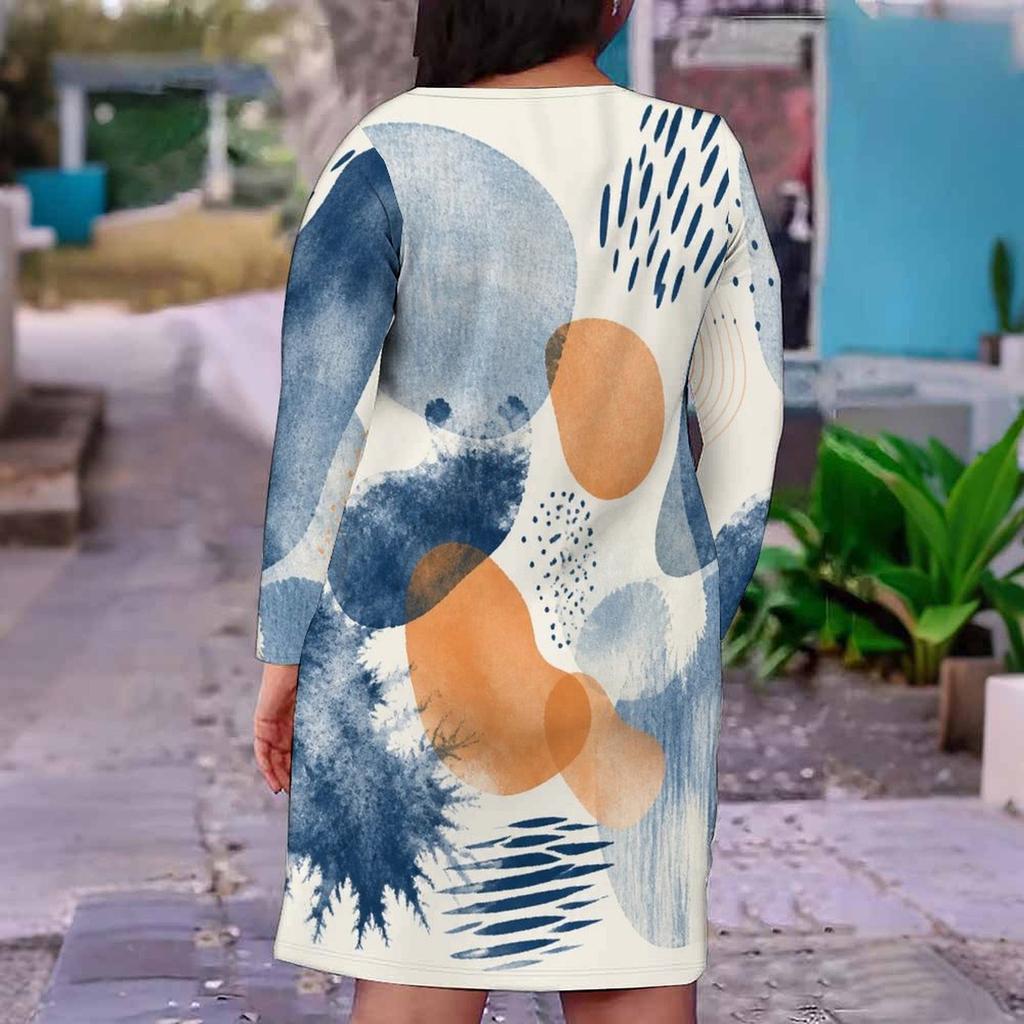 Women Plus Size V Neck Long Sleeve Printed White Fitted Dress
