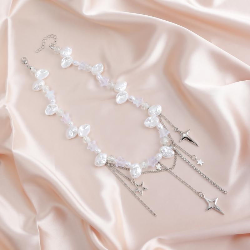 Elegant Pearls Necklace with Chain Star Clavicle Chain Adjustable Choker Neck Jewelry for Wedding Party Special Occasion