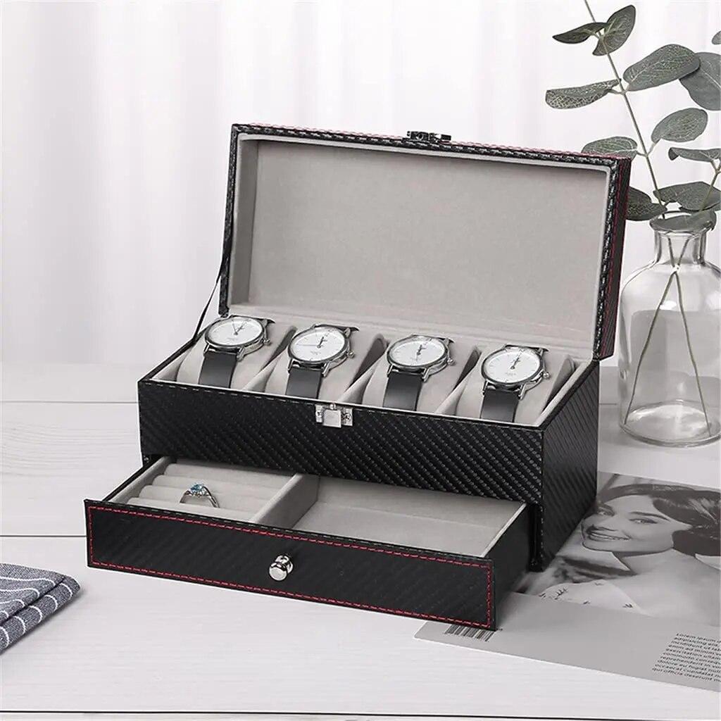 Classic Watch Box PU Leather Jewelry Organizer Travel Display Case for Men /Women,4 Slots Magnetic Top,Black