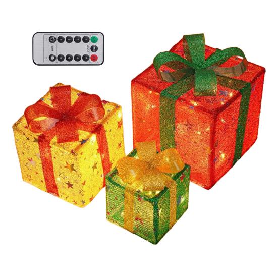 3 Stück Weihnachtsgeschenkboxen mit Beleuchtung und Schleife LED Leuchtende Geschenkboxen für Innen- und Außenbereich Zuhause Veranda Weihnachtsbaum Partydeko