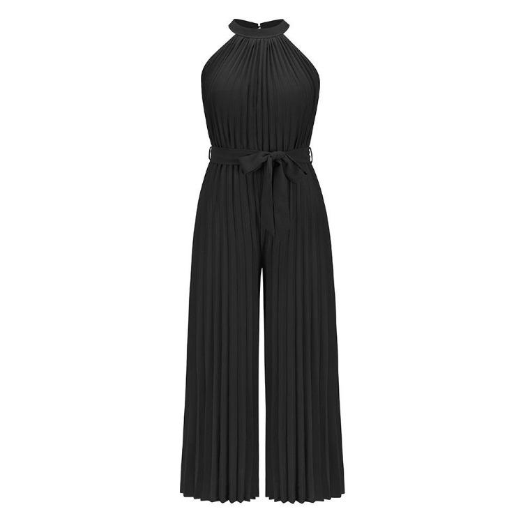 Women Summer Halter Sleeveless Lace Up Slim Wide Jumpsuit Pleated One Piece Trousers