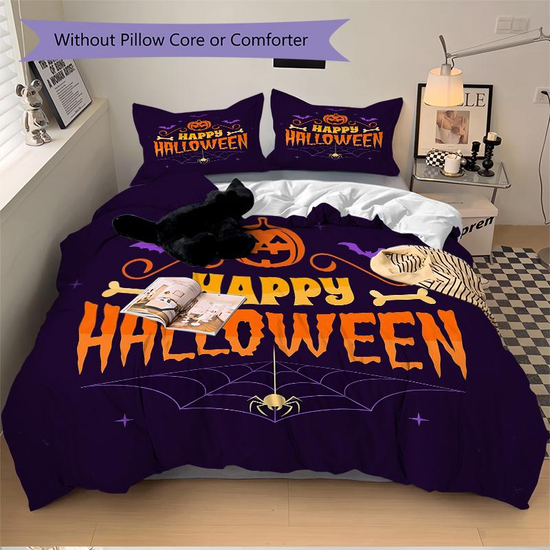 3pcs Featured Happy Halloween Theme Printed Quilt Set - Includes 1 Quilt Cover and 2 Pillowcases, Machine Washable - Suitable for All Seasons.H03