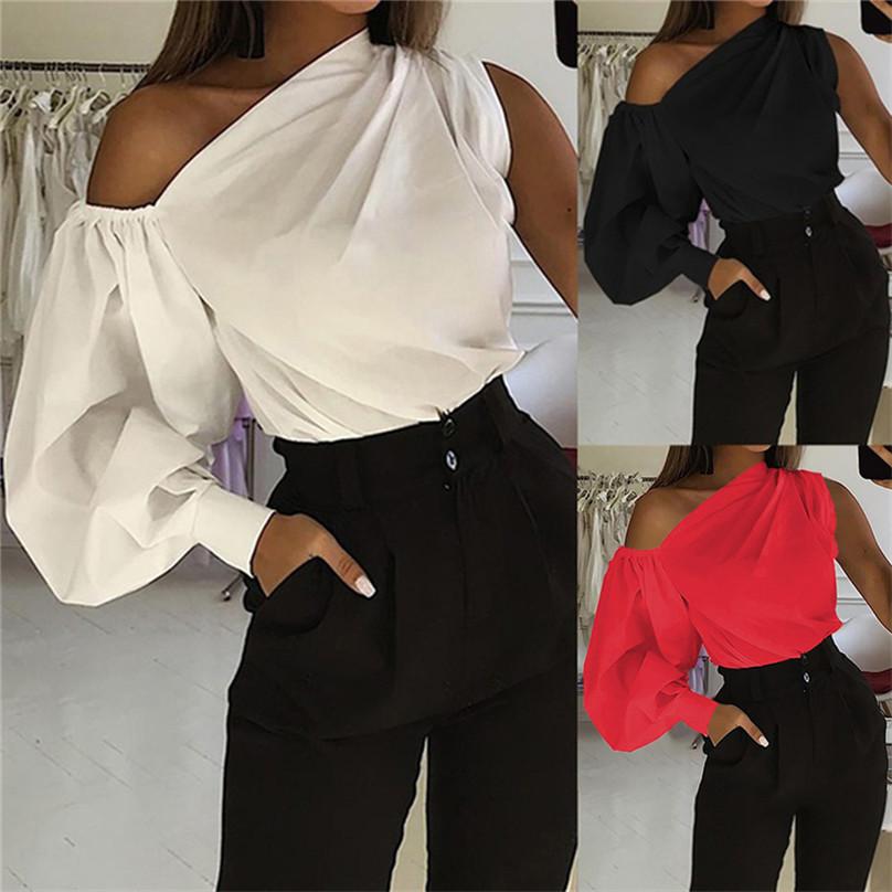 Women Fashion One-sleeve Loose and Thin Casual Slim Shirt Chic Solid Color Long-sleeved Asymmetrical Shirt