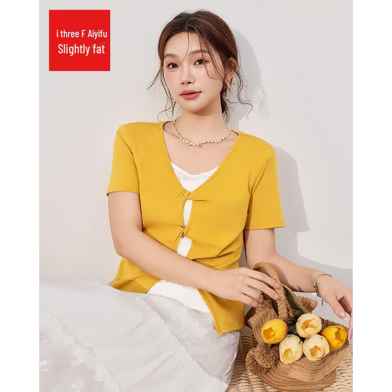 IEF Plus Size Korean Style Fake Two-Piece Short Sleeve T-Shirt 2XL