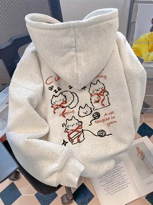 Cute Cartoon Cat Print Women Autumn Winter 2025 Y2k Sweatshirt Top Hoodie Long Sleeve Women's Casual Clothing