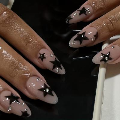 24pcs Nude Pink Almond Fake Nails, Black Star Press On Nails With Rhinestone Design, Glossy Full Cover False Nails Women And Girls, Halloween Nails