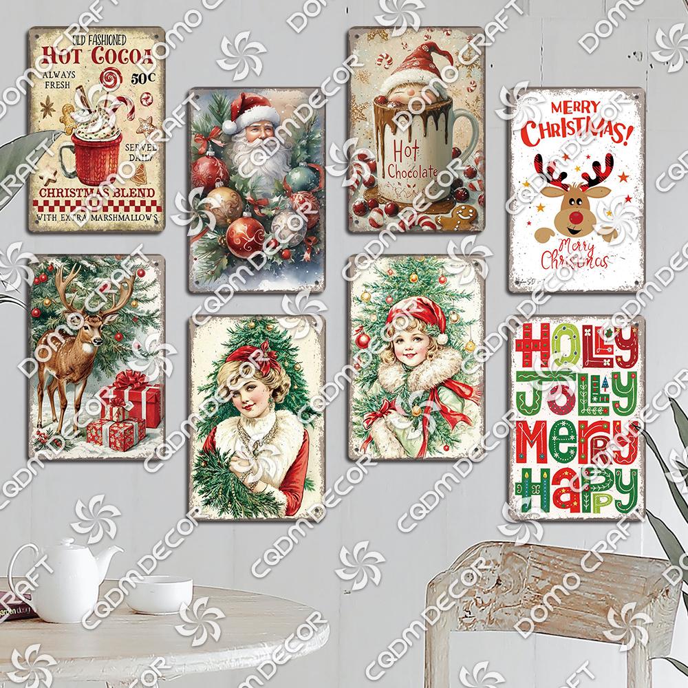 Merry Christmas Hot Cocoa Chocolate Poster Tin Signs Retro Elk Santa Claus Cookies Metal Plate Cafe Kitchen Home Decor Gift