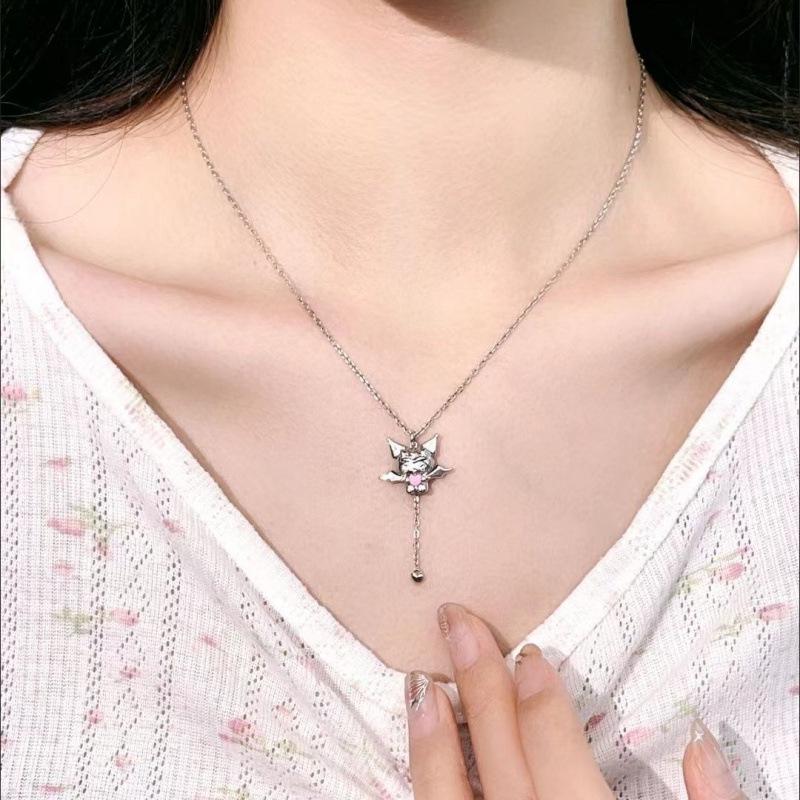 Kuromi Cupid's Heart Necklace for Women: Sweet Cartoon Style with Wings Chain