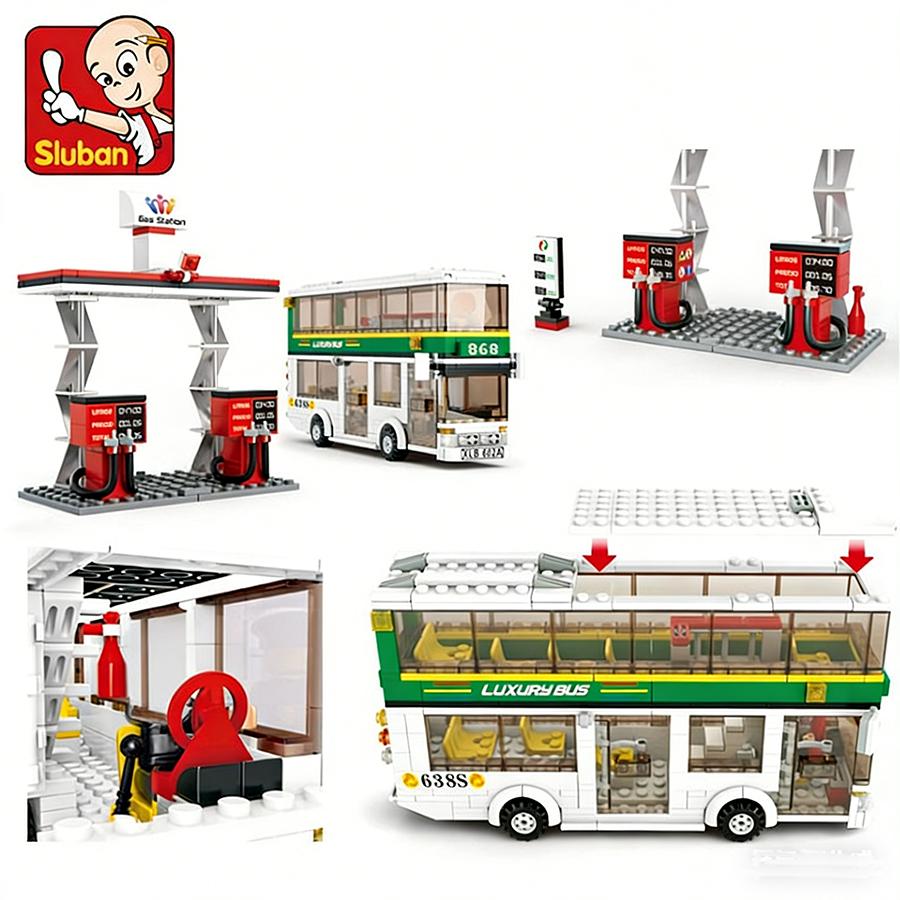 403PCS Sluban 0331 City Town School Green Child-Safe Double decker Bus Building Blocks 3 Figures Children Do-It-Yourself Car Miniature Playthings