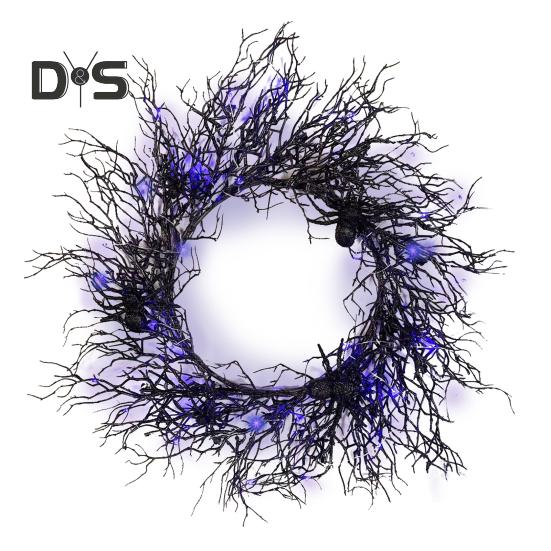 

Светящийся венок на Хэллоуин, искусственный веточный венок для входной двери, освещенный черный веточный венок с пауком для украшения праздника в помещении и на открытом воздухе 45cm