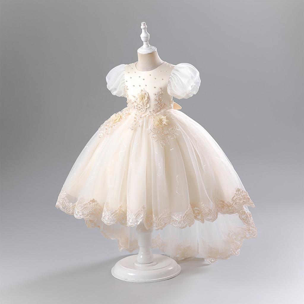 Children's Fashion Solid Color Round Neck Medium Sized Girls' Princess Dress Dress, Puffy Mesh Dress