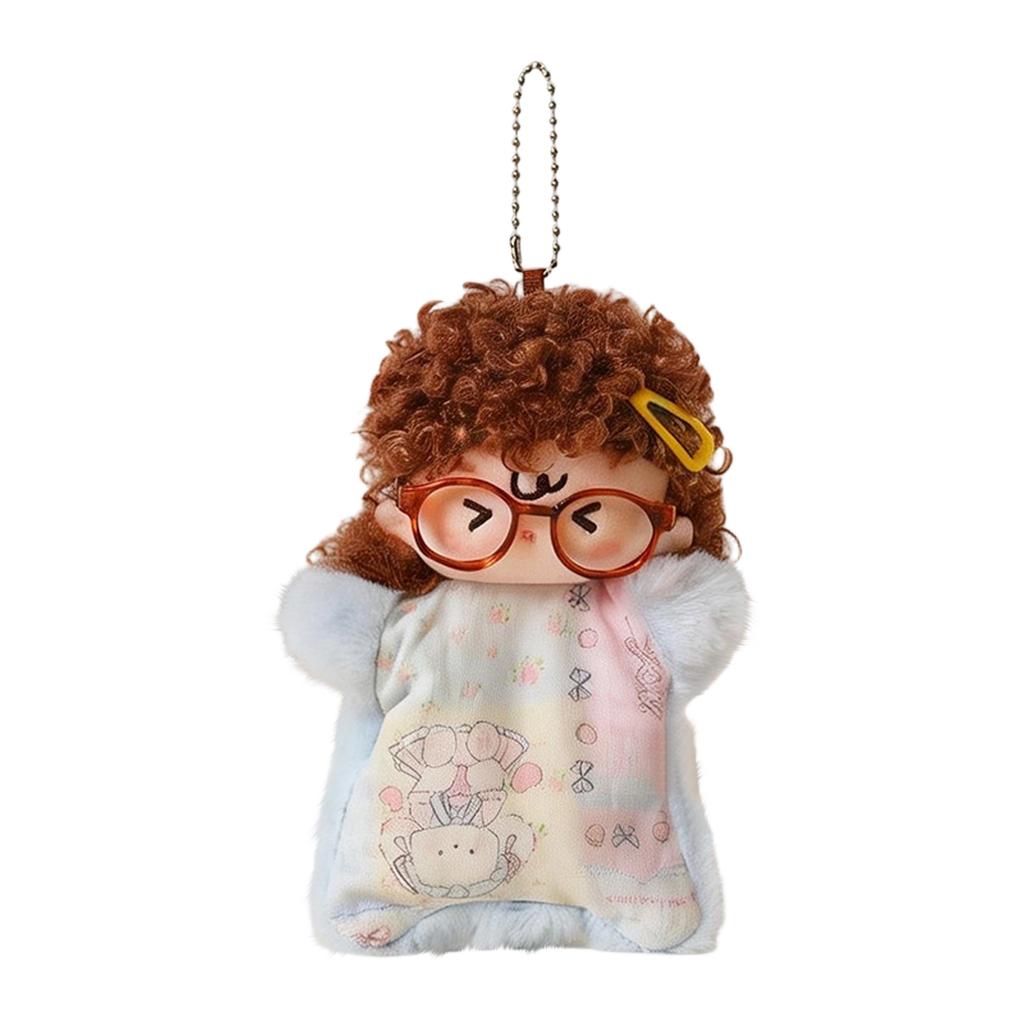 Plush Keychain Doll Soft Curly Hair Stuffed Toy with Printed Outfit and Glasses for Bag Decoration or Collectible Accessory