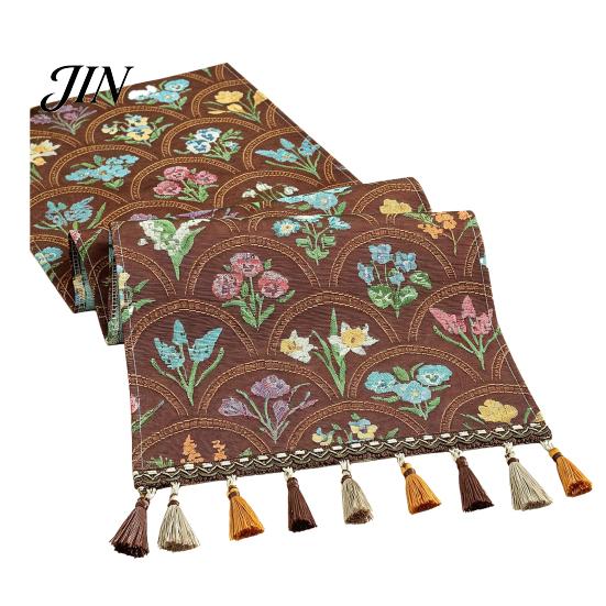 Classic Style Table Runner Jacquard Floral Runner, Vintage with Tassel Edges, Heat Resistant Farmhouse for Wedding Baby Shower Dining Decor