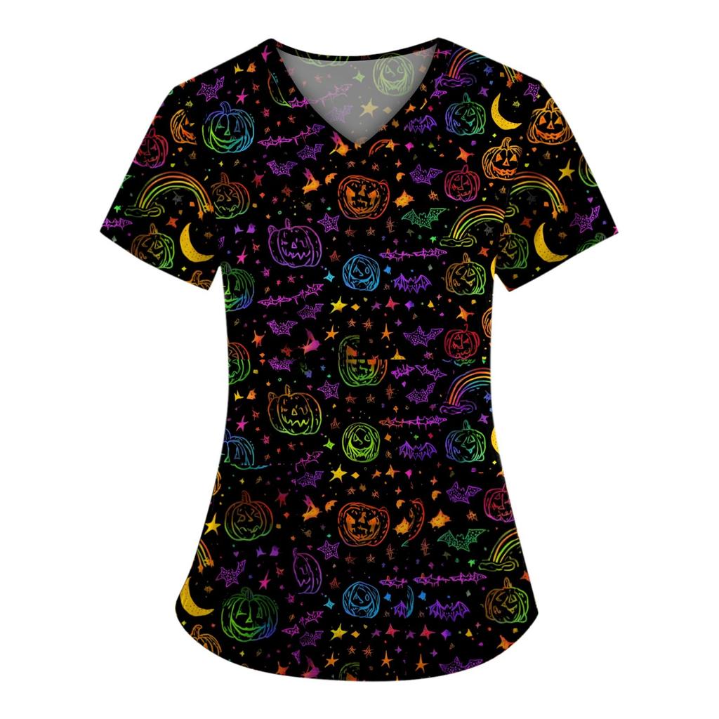 Plus SizePrinted Scrub Working Uniform Tops For Women's Cross V-Neck Halloween Print Short Sleeve Fun T-Shirts Workwear Tee With Pockets