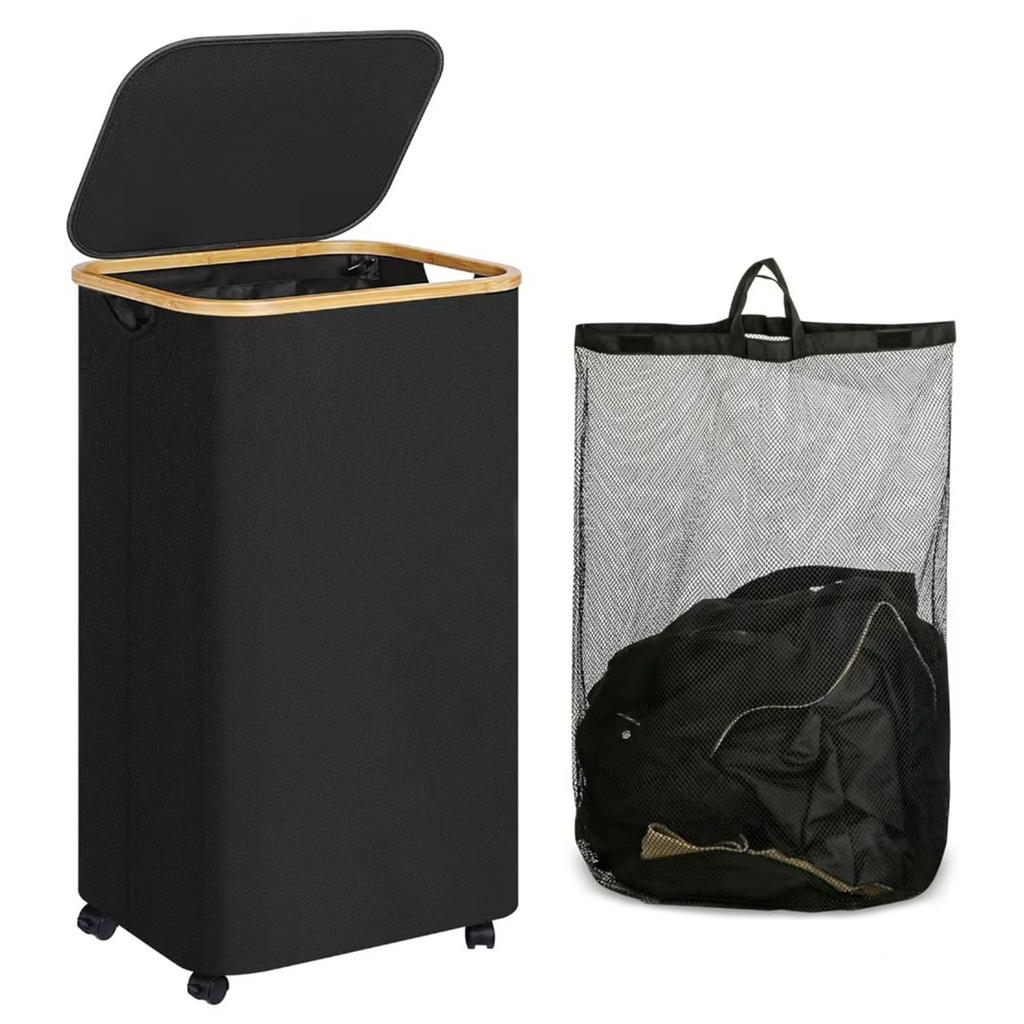 100L Slim Laundry Hamper with Lid Dirty Clothes Basket with Removable and Washable Inner Bag Foldable for Bathroom Bedroom Dorm