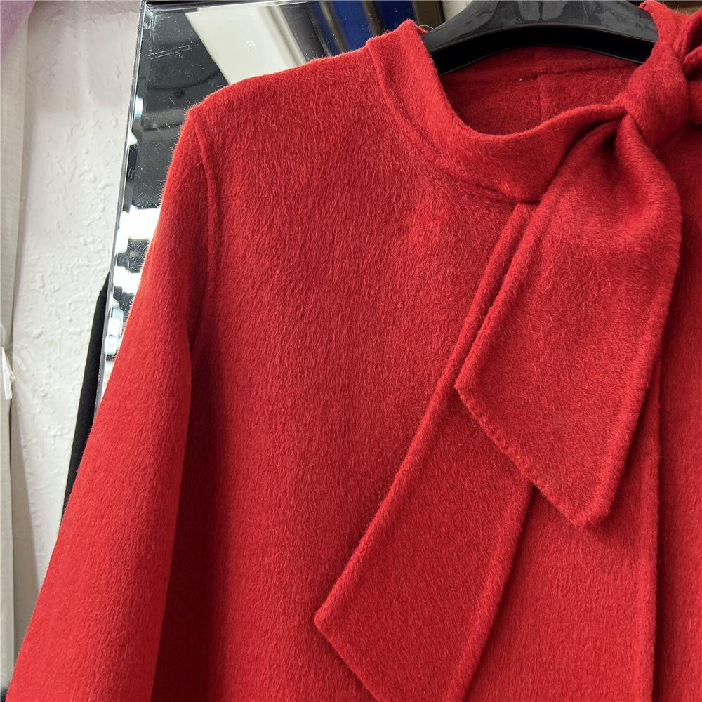 Women's Red Bow Ribbon Cashmere Coat - French Sweet Rich Girl Style, Double-Sided Woolen Petite Coat for New Year